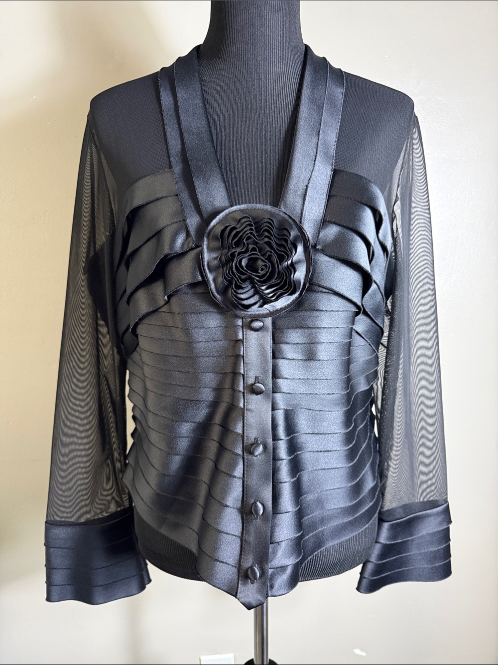 JS Collections Elegant Black Pleated Satin & Sheer Button Front Evening Blouse